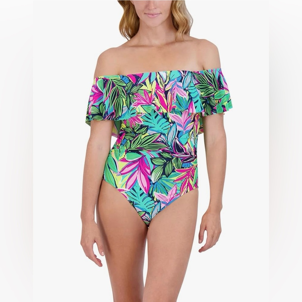 Caribbean Joe Off The Shoulder One Piece Swimsuit - Size 8 - Cape Coral Multi
